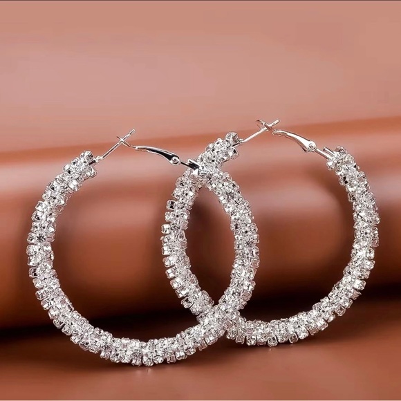Large Full Rhinestone Hoop Earrings Silver Plated Delicate Jewelry Party Holiday - Picture 4 of 6